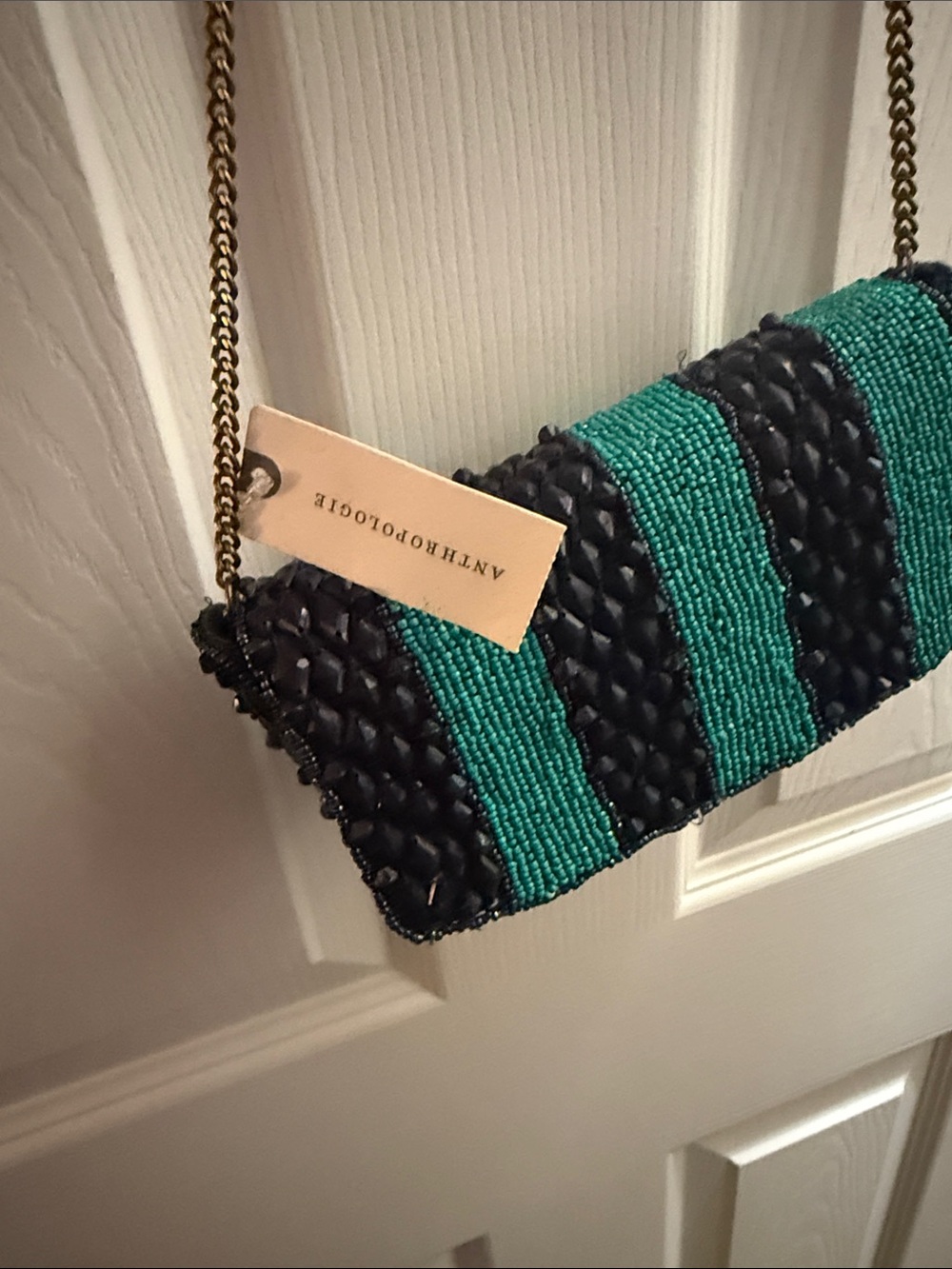 Anthropologie Black and Teal Beaded Chain Clutch